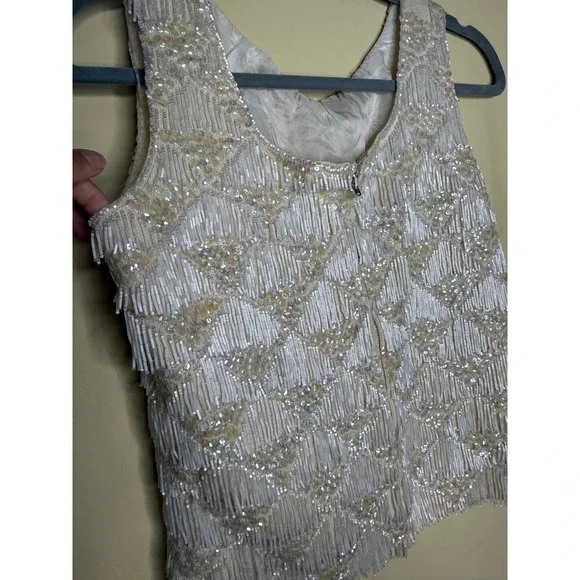 RARE 100% Wool Vtg Hand Beaded Sleeveless Top with Sequins Elegant Fringe Boho - Picture 7 of 11